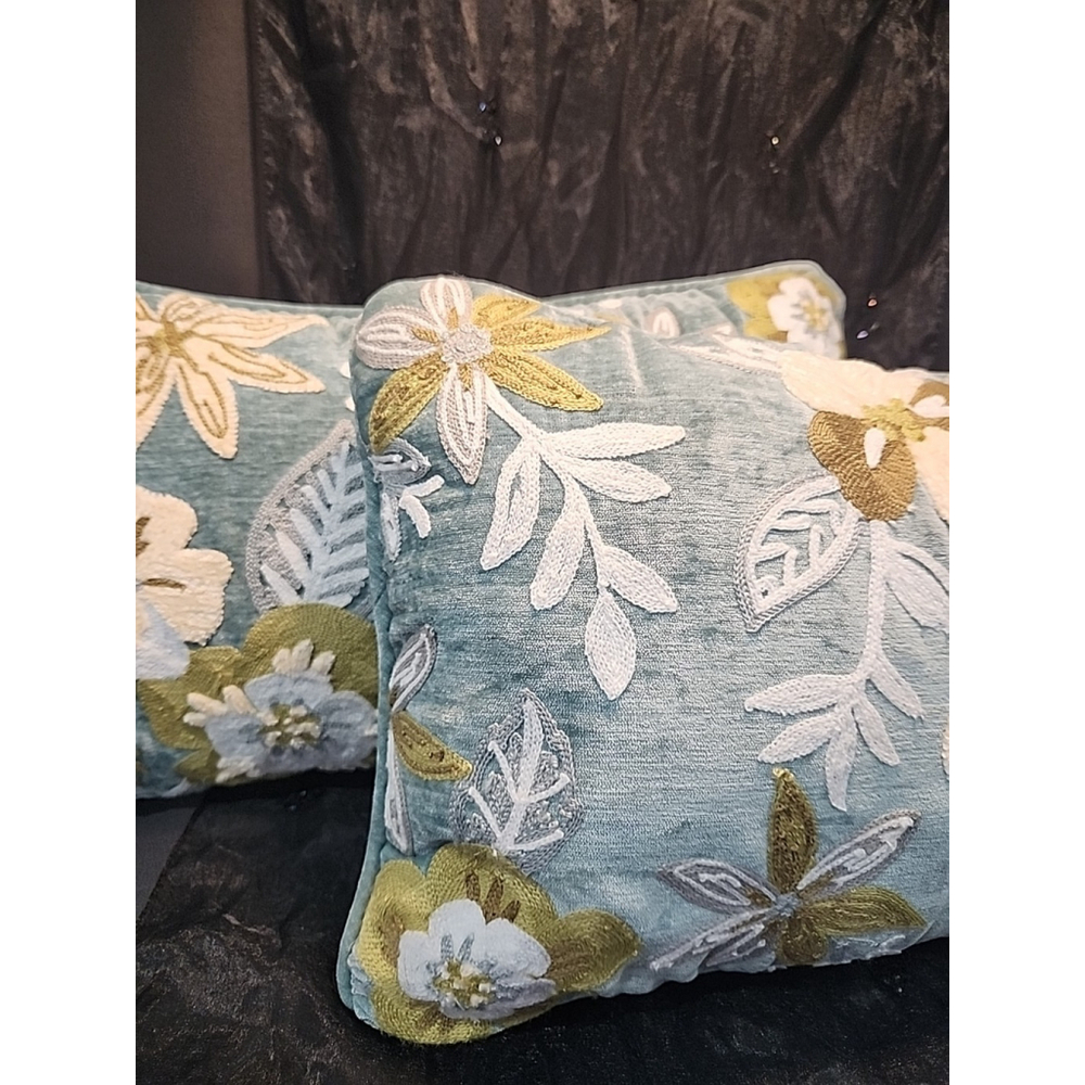 Aqua Velour Throw Pillows Set of 2 Embroidered 24x14 - Picture 2 of 6